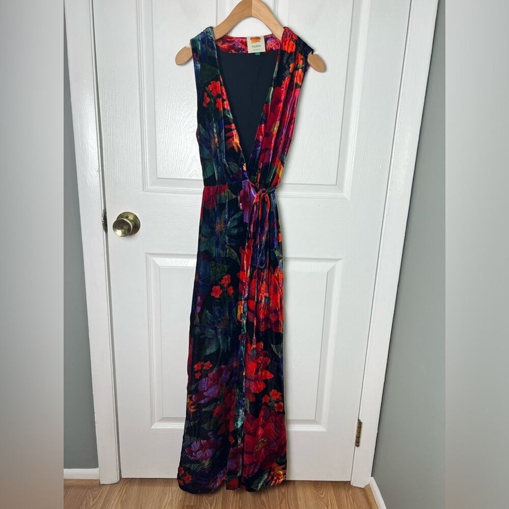 Farm Rio Velvet Black Multi Beaded Fringe Belt Flower Season Maxi Wrap Dress XS - Picture 2 of 9